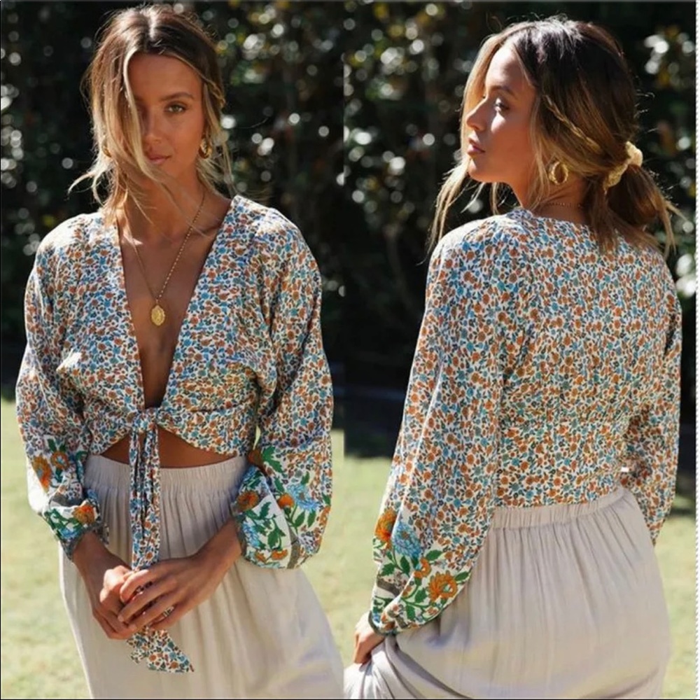 Boho Floral Print Gypsy Crop Top Tied Long Sleeve - Picture 12 of 16